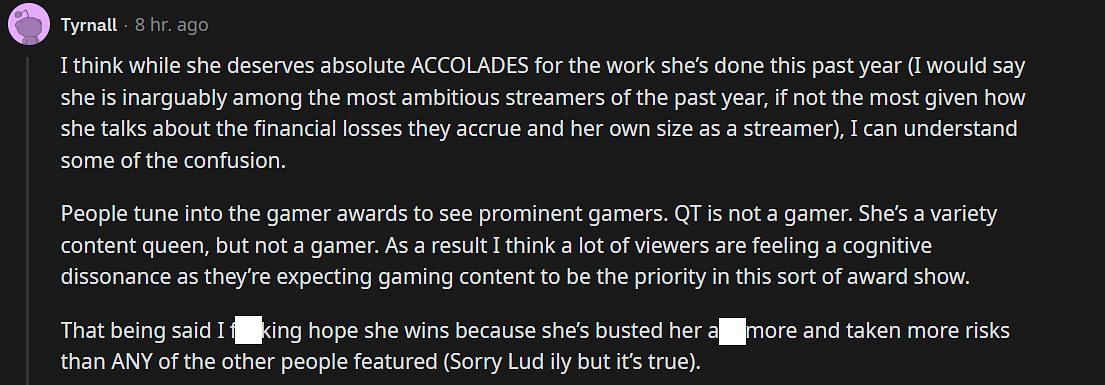 This Reddit user comments on QTCinderella's inclusion (Image via r/LivestreamFail)